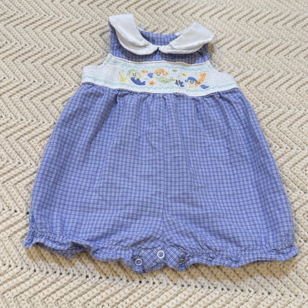 First Moments Romper‎ Baby Girl 3-6 Month Smocked Mermaids Sleeveless Plaid VTG
